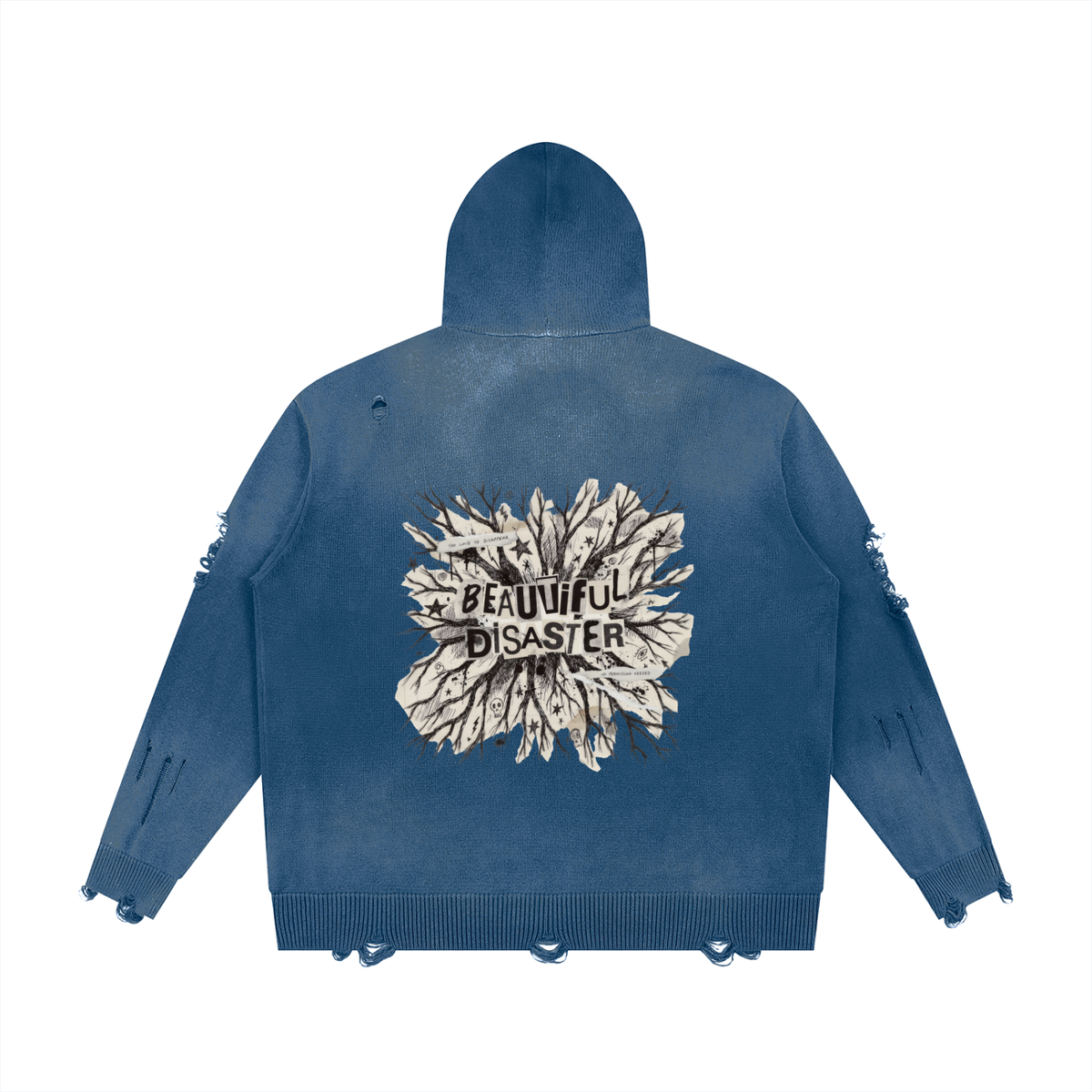 Washed blue distressed full zip hoodie, back view with a large Beautiful Disaster torn paper burst
