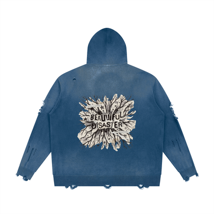 Washed blue distressed full zip hoodie, back view with a large Beautiful Disaster torn paper burst