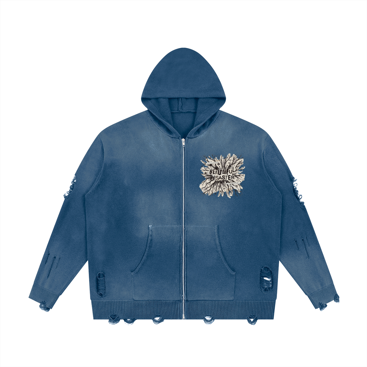 Washed blue distressed full zip hoodie with a vintage wash, ripped sleeves and a small Beautiful Disaster burst on the chest, front view