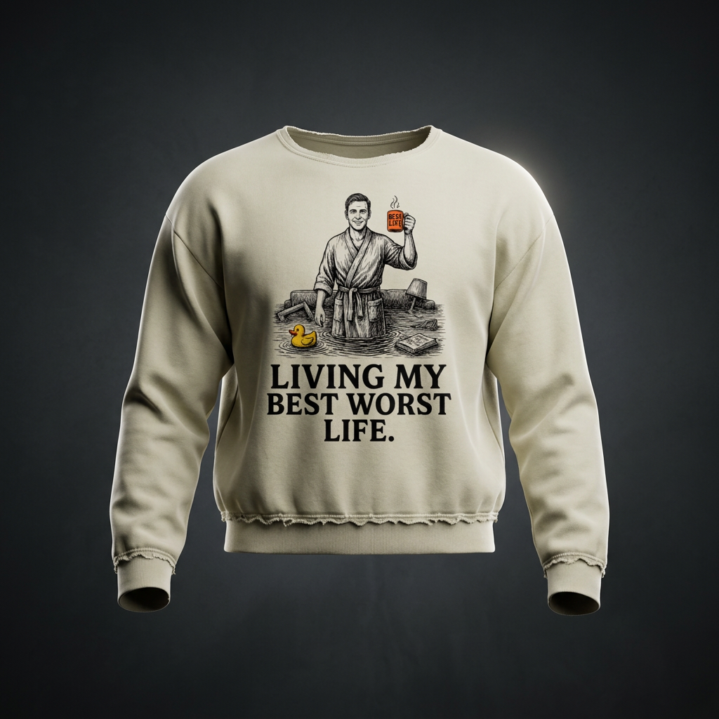 Khaki raw edge crewneck sweatshirt with a vintage illustration of a smiling man in a bathrobe raising a mug in a flooded room beside a rubber duck above bold Living my best worst life text on the front shown against a dark studio backdrop