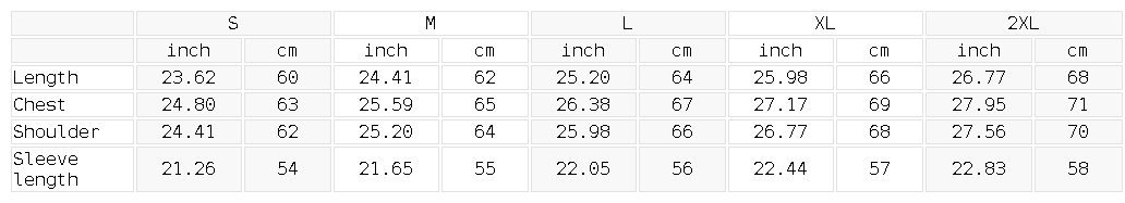 Size chart in inches and centimeters for the raw edge crewneck sweatshirt, showing length, shoulder, chest and sleeve length