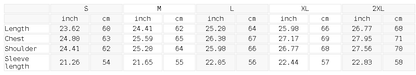 Size chart in inches and centimeters for the raw edge crewneck sweatshirt, showing length, shoulder, chest and sleeve length
