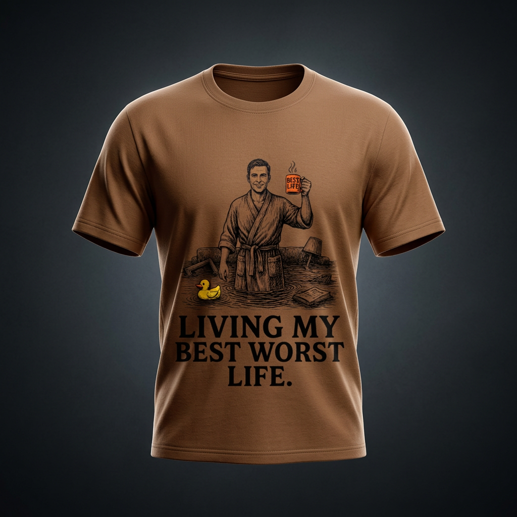 Caramel brown cotton crewneck t-shirt with a vintage illustration of a smiling man in a bathrobe raising a mug in a flooded room beside a rubber duck above bold Living my best worst life text on the front shown against a dark studio backdrop