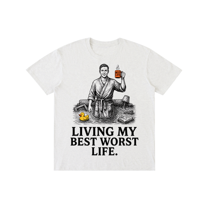 Flower Gray cotton crewneck t-shirt with a vintage illustration of a smiling man in a bathrobe raising a mug in a flooded room beside a rubber duck above bold Living my best worst life text on the front