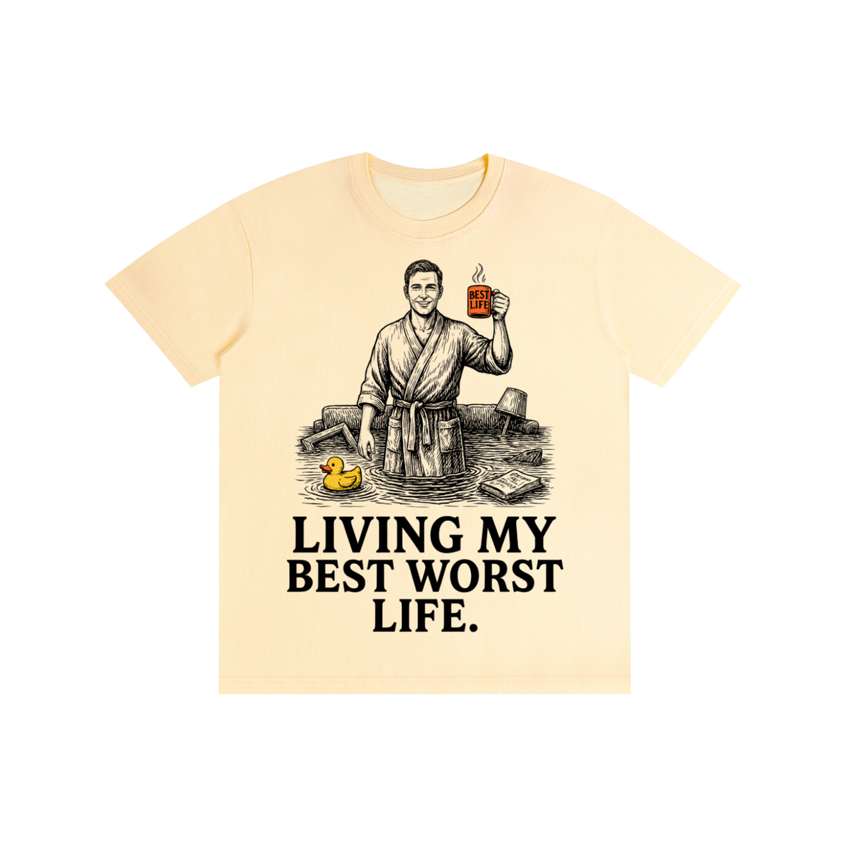 Light Apricot cotton crewneck t-shirt with a vintage illustration of a smiling man in a bathrobe raising a mug in a flooded room beside a rubber duck above bold Living my best worst life text on the front