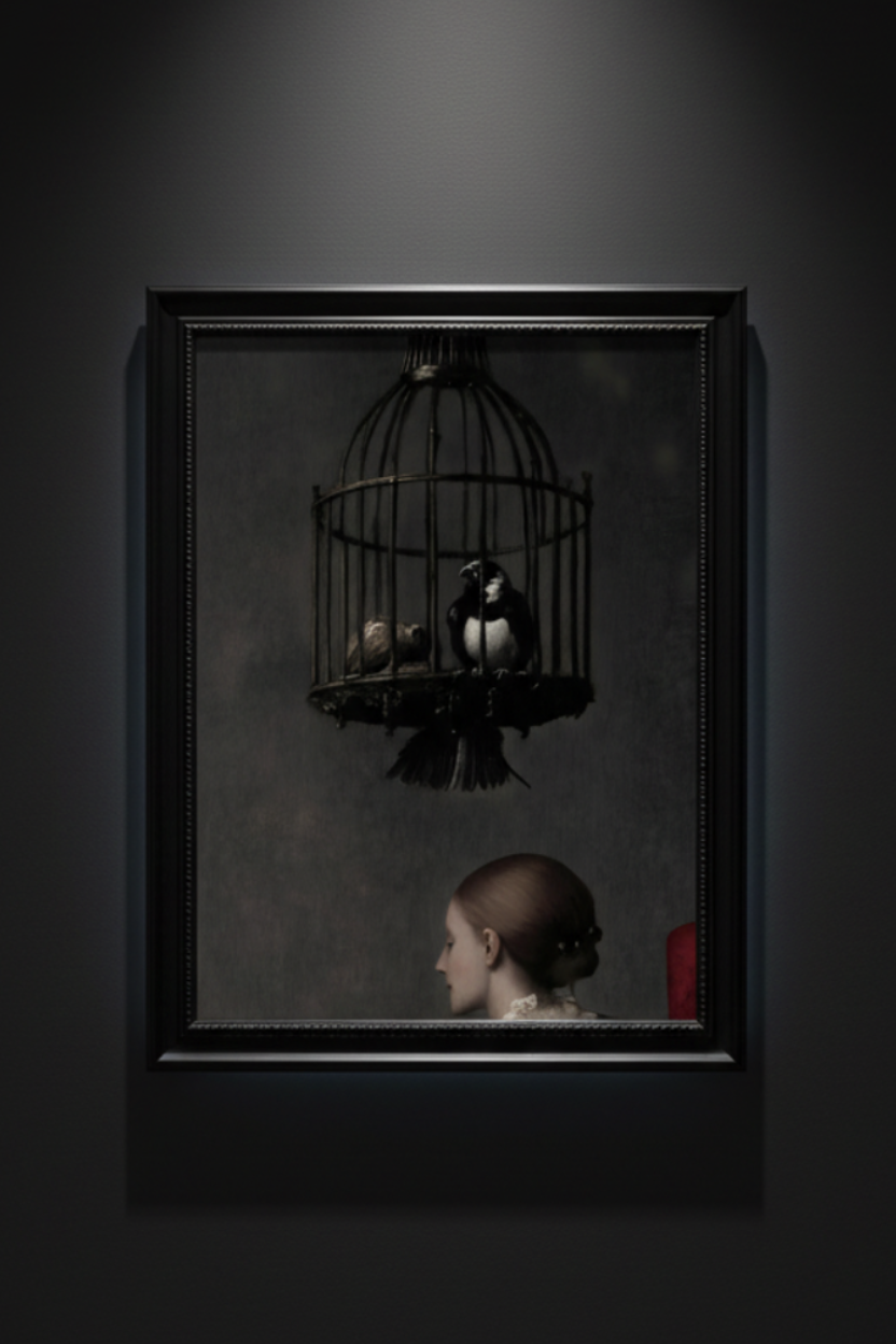 A dark, moody art print featuring a birdcage with two small birds against a textured gray background, with the top of a woman's head and shoulder visible in the lower right corner.