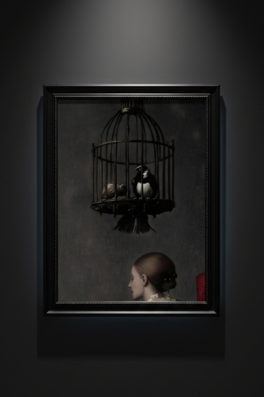 A dark, moody art print featuring a birdcage with two small birds against a textured gray background, with the top of a woman's head and shoulder visible in the lower right corner.