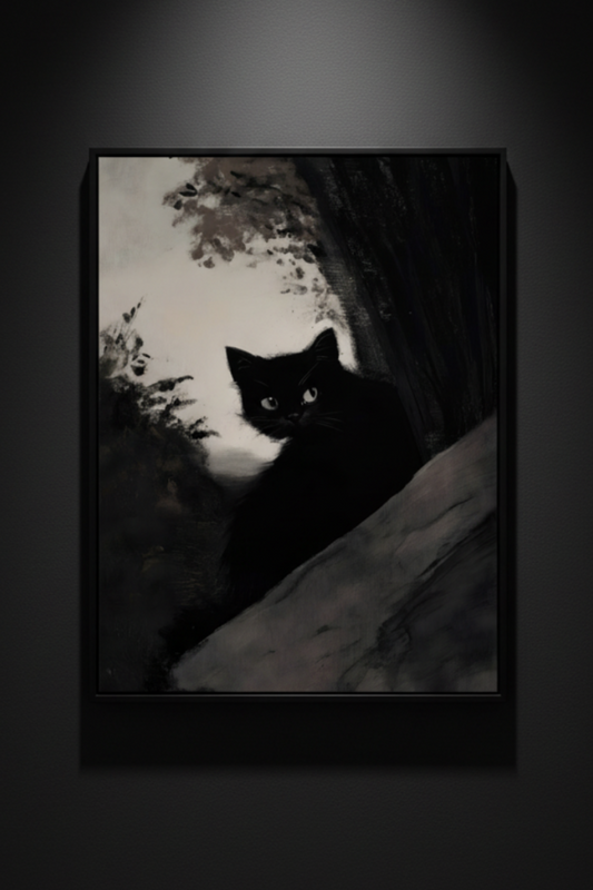 A vertical art print depicting a black cat with glowing eyes peeking out from a dark, moody forest setting with a pale sky background.