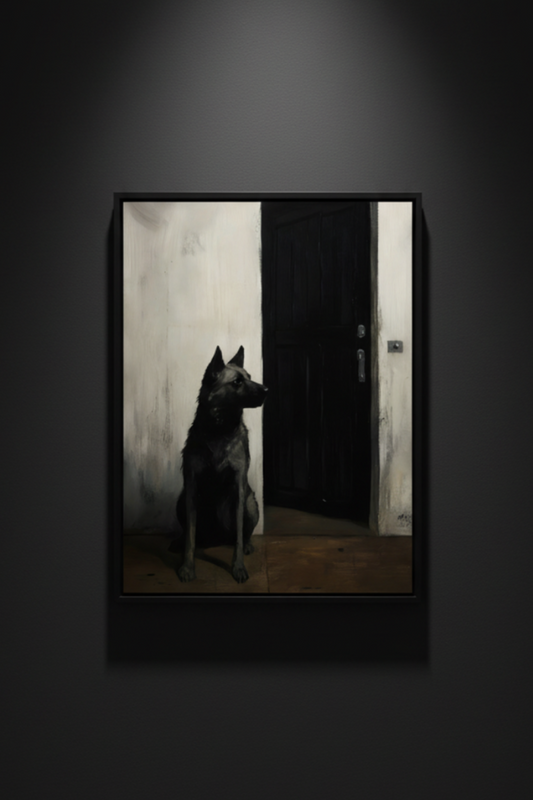 Black Dog at the Closed Door, art print