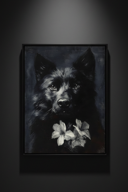 Black Dog with White Flowers, art print