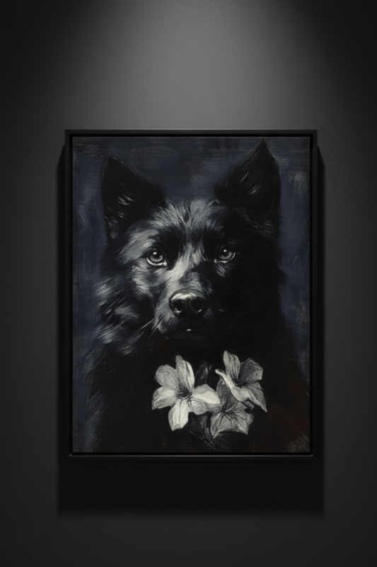 Black Dog with White Flowers, art print