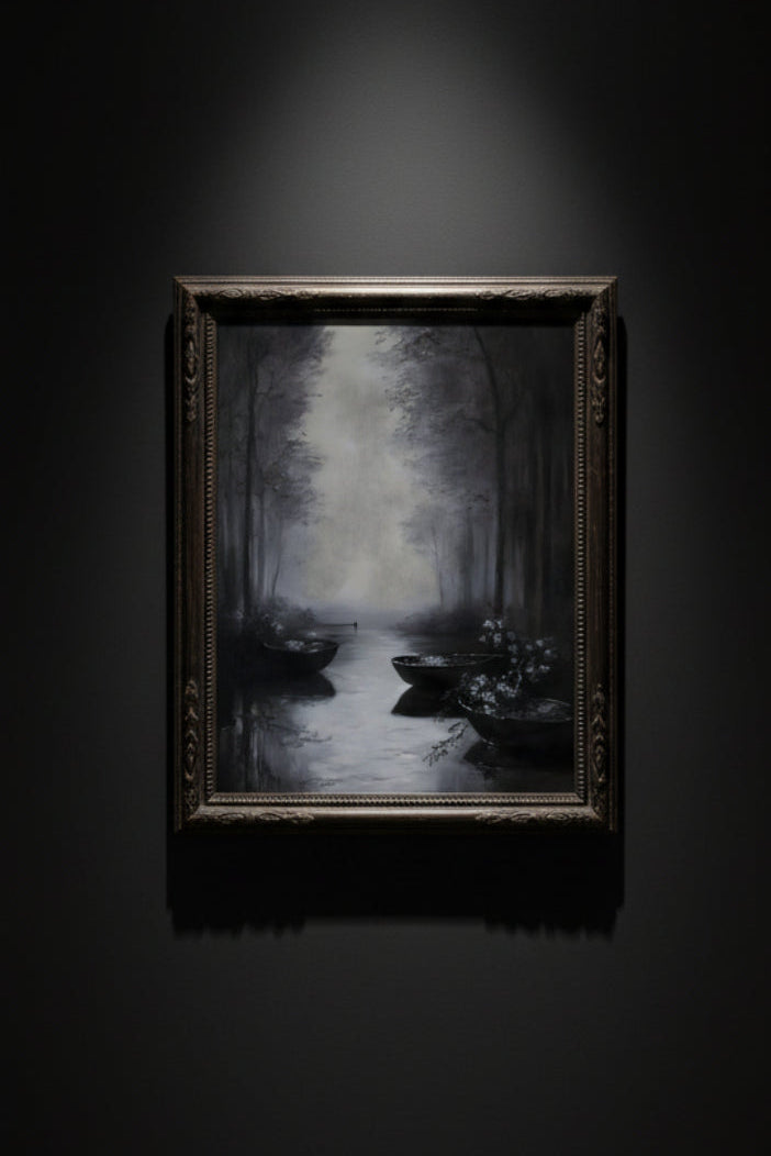 Blackwater Passage gothic river rowboat sketch fine art poster