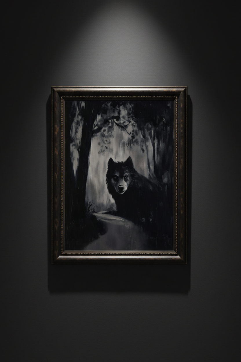 Blackwood Howl wolf in dark forest fine art artwork