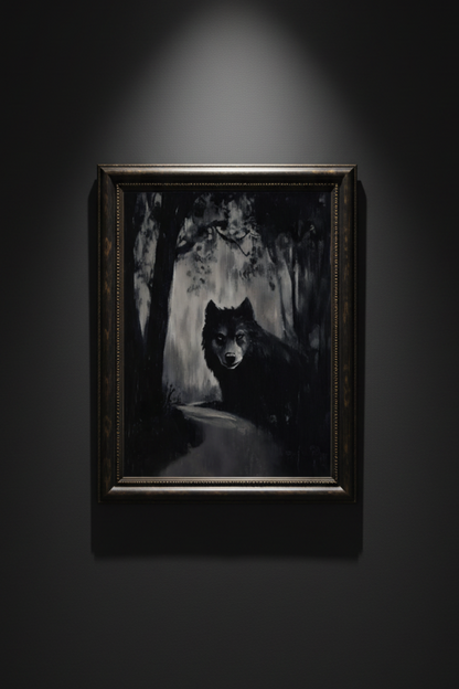 Blackwood Howl wolf in dark forest fine art artwork