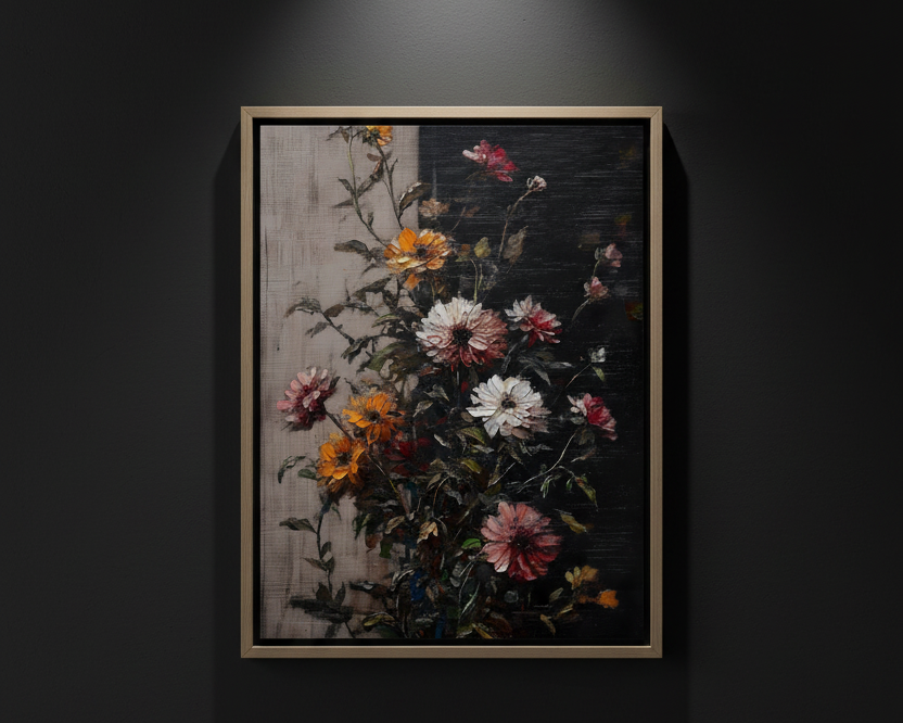 A vertical floral painting featuring a bouquet of pink, orange, and white flowers with green leaves against a dark textured background and a light beige panel on the left, shown centered on a white canvas.