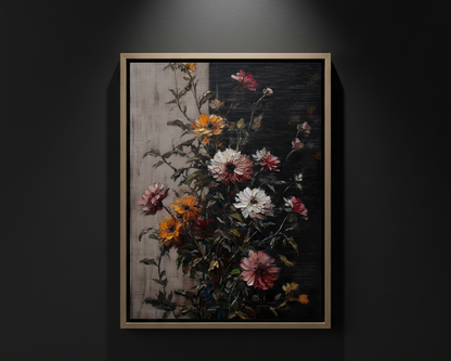A vertical floral painting featuring a bouquet of pink, orange, and white flowers with green leaves against a dark textured background and a light beige panel on the left, shown centered on a white canvas.