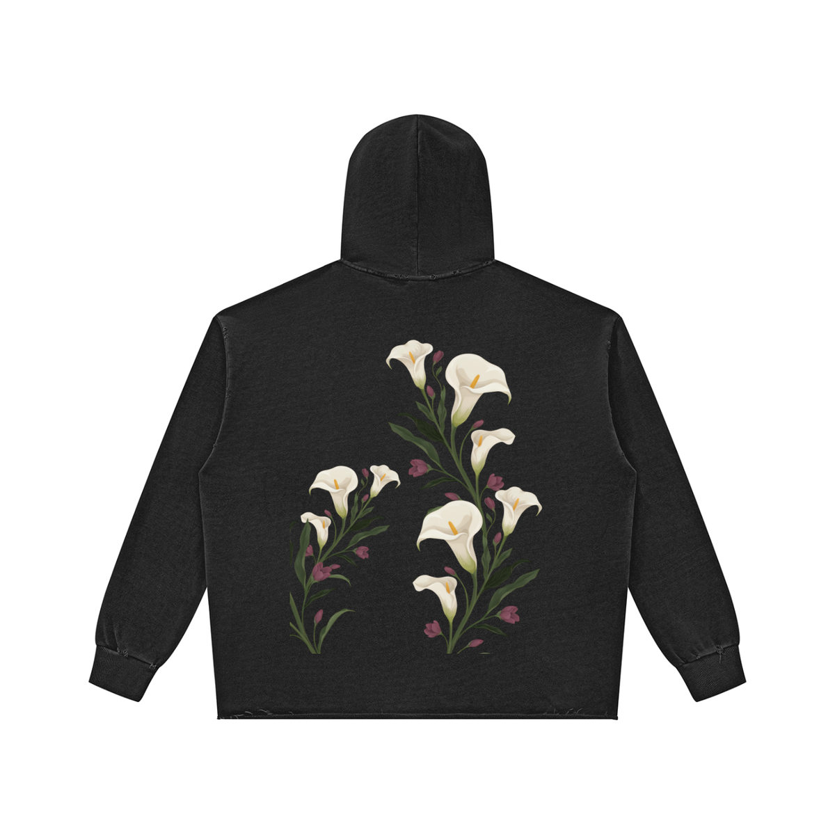 Black calla lily vintage wash raw edge hoodie, back view with a tall bunch of white calla lilies