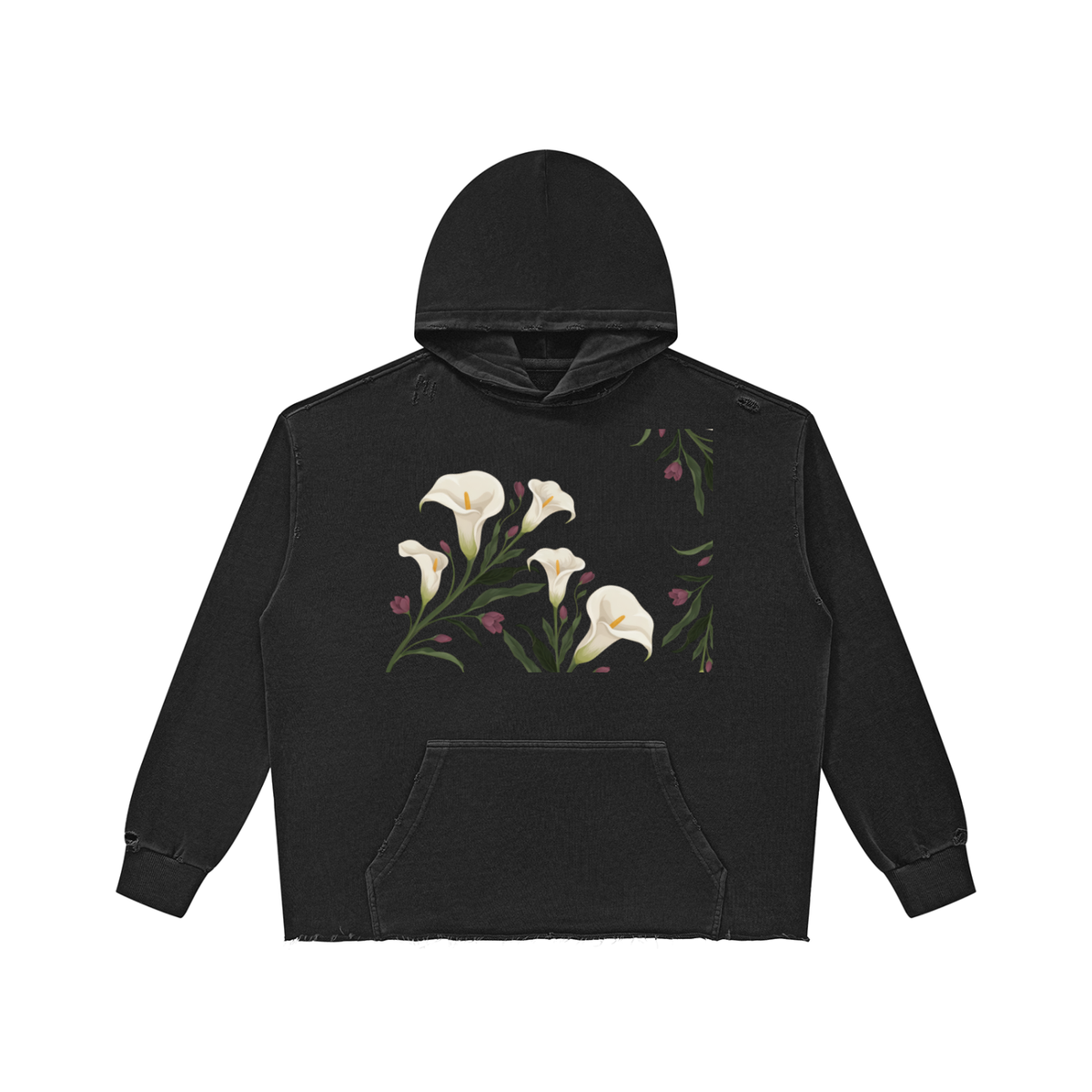 Black calla lily vintage wash raw edge hoodie, front view with white lilies on the chest and kangaroo pocket