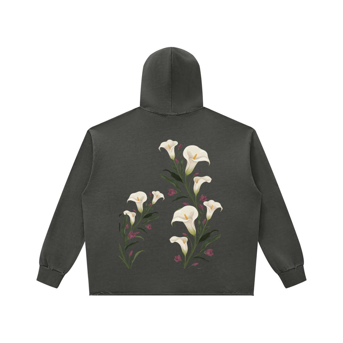 Dark gray calla lily vintage wash raw edge hoodie, back view with a tall bunch of white calla lilies