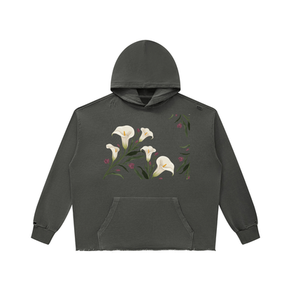 Dark gray calla lily vintage wash raw edge hoodie, front view with white lilies on the chest and kangaroo pocket