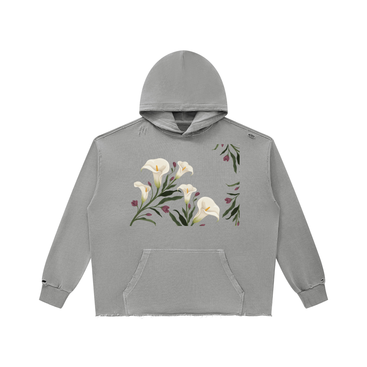 Light gray calla lily vintage wash raw edge hoodie, front view with white lilies on the chest and kangaroo pocket
