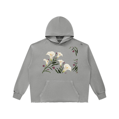 Light gray calla lily vintage wash raw edge hoodie, front view with white lilies on the chest and kangaroo pocket
