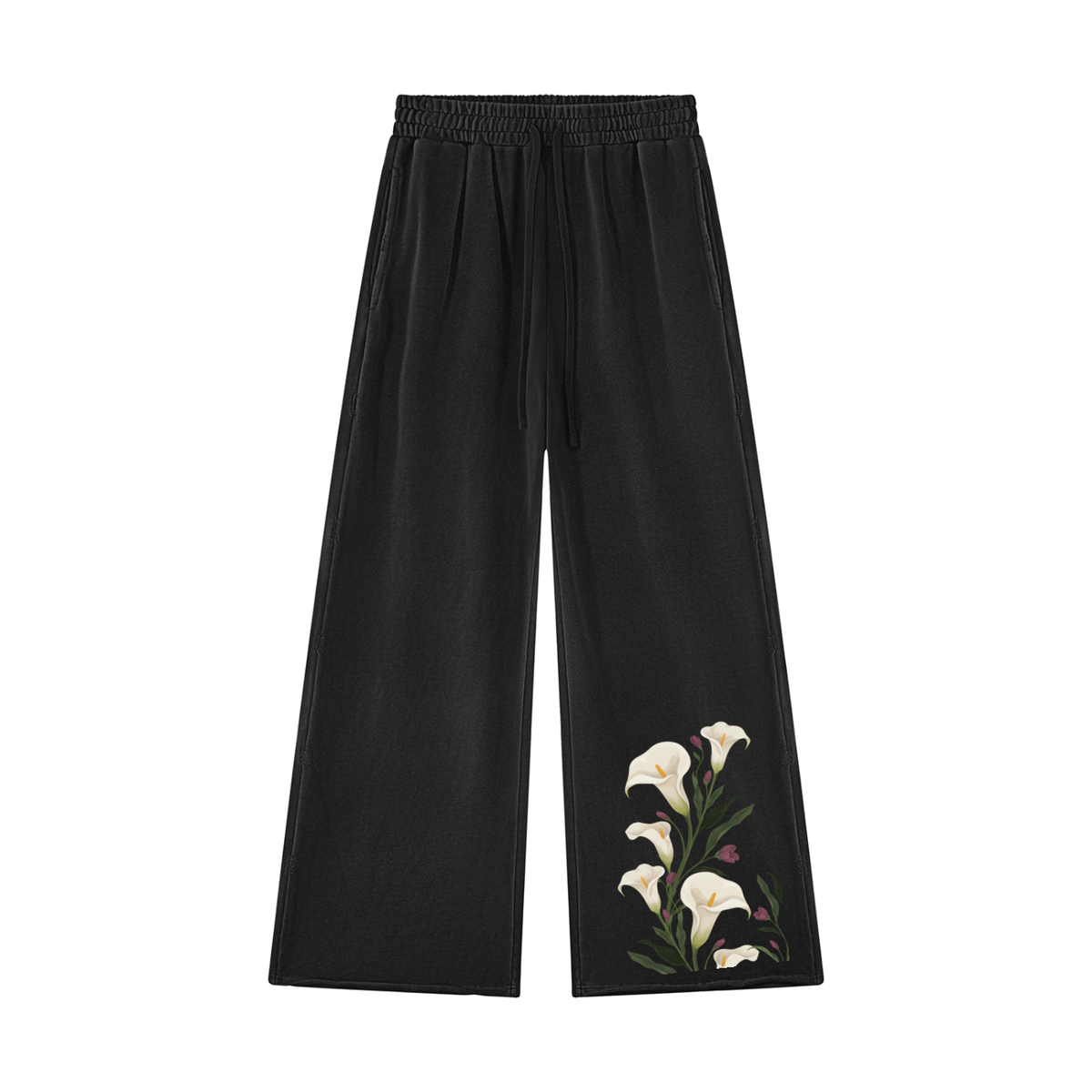 Black calla lily wide leg sweatpants, front view with white lilies climbing the lower leg