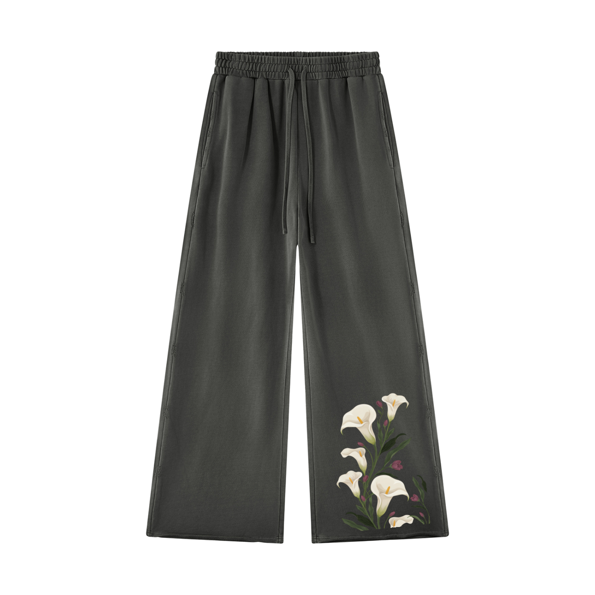 Dark gray calla lily wide leg sweatpants, front view with white lilies climbing the lower leg and drawstring waist