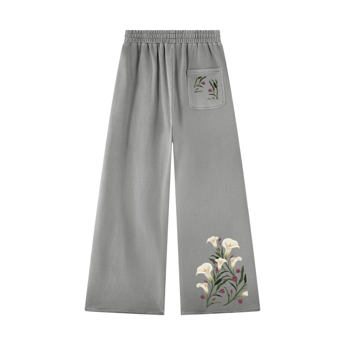 Light gray calla lily wide leg sweatpants, back view with a small floral sprig on the back pocket