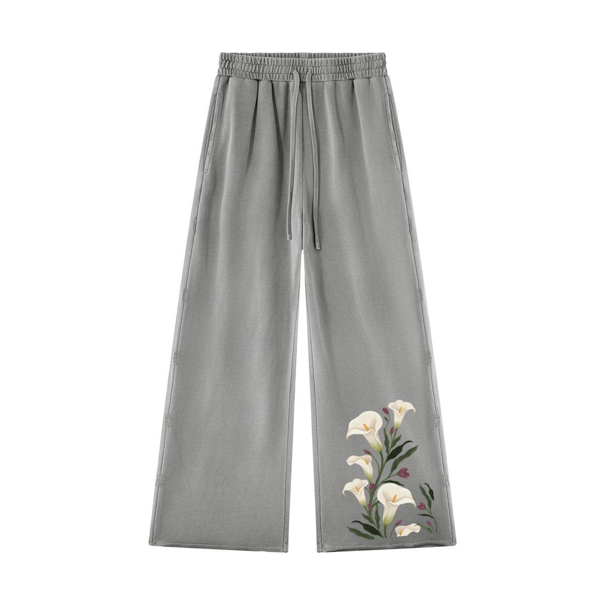 Light gray calla lily wide leg sweatpants, front view with white lilies climbing the lower leg and drawstring waist