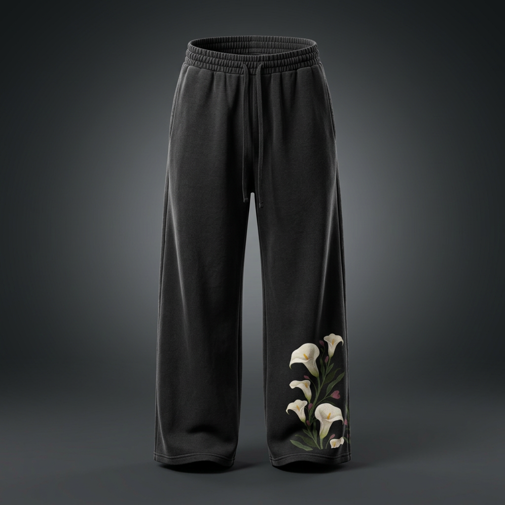 Black calla lily wide leg sweatpants on a dark studio backdrop with white lilies climbing the lower leg