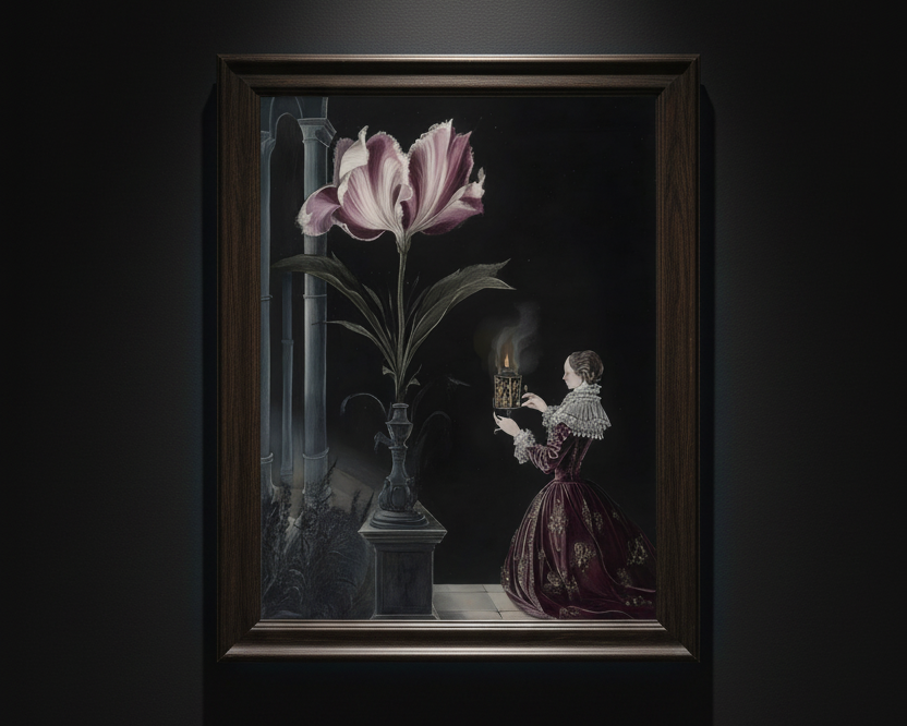 A gothic-style art print depicting a woman in a dark purple dress holding a candle next to a large pink tulip in a vase against a dark background.