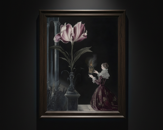A gothic-style art print depicting a woman in a dark purple dress holding a candle next to a large pink tulip in a vase against a dark background.