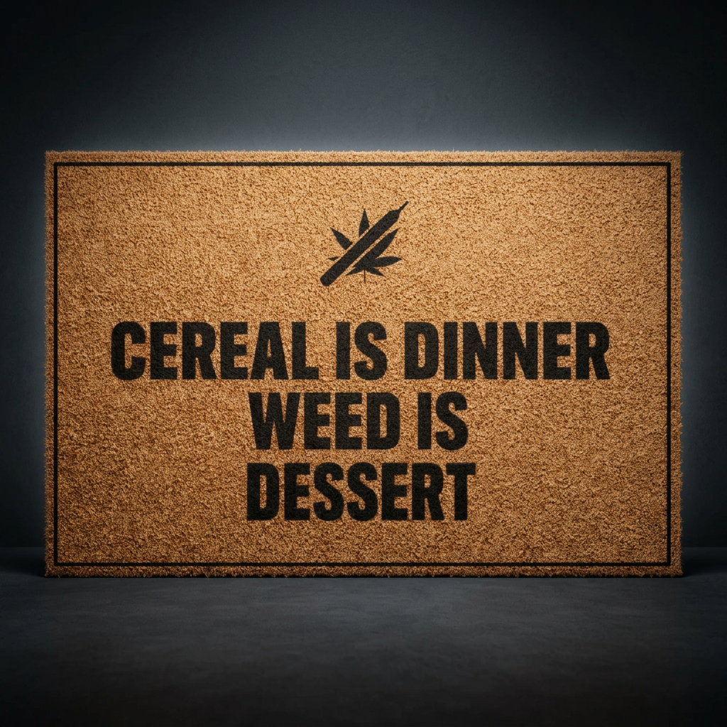 Cereal Is Dinner Weed Is Dessert coir doormat with dark lettering on natural tan coir, shown on a dark studio backdrop
