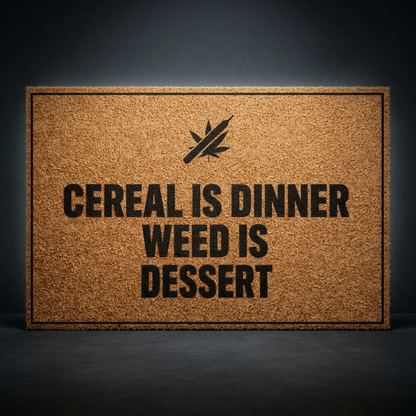 Cereal Is Dinner Weed Is Dessert coir doormat with dark lettering on natural tan coir, shown on a dark studio backdrop