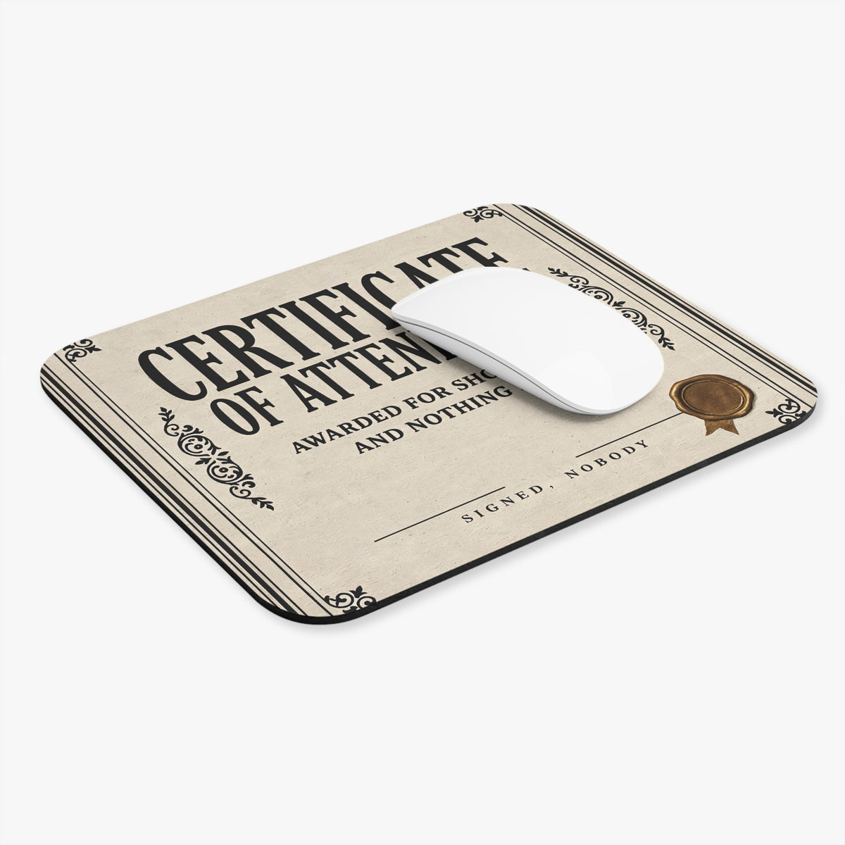Certificate of attendance mouse pad at an angle with a white computer mouse