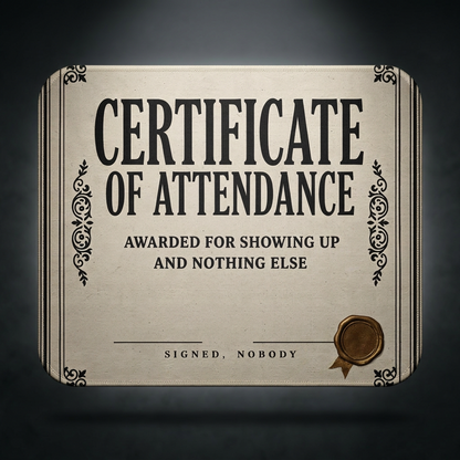 Certificate of Attendance Mouse Pad – Funny Office Desk Decor