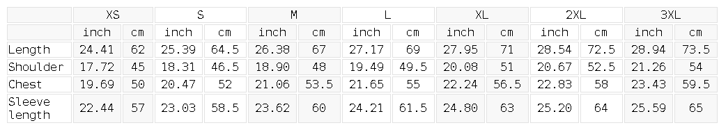 Size chart for the Classic Unisex Cotton Hoodie
