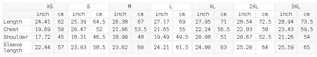 Size chart for the Classic Unisex Cotton Sweatshirt