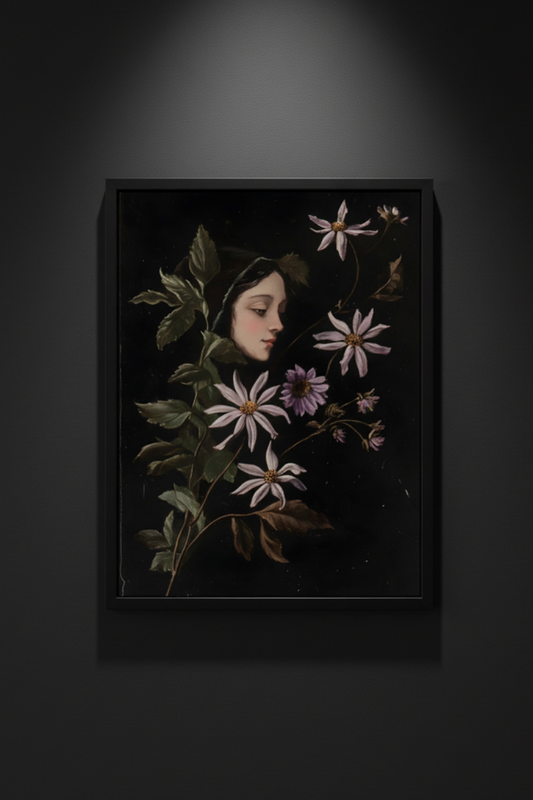 A classical oil painting print depicting a woman in a dark veil surrounded by white and purple clematis flowers against a very dark background, shown centered on a light gray canvas.