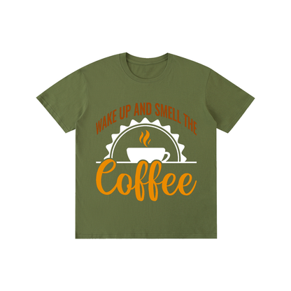 Army Green cotton crewneck t-shirt with a rust brown Wake up and smell the coffee design with a white coffee cup and orange cursive Coffee on the front