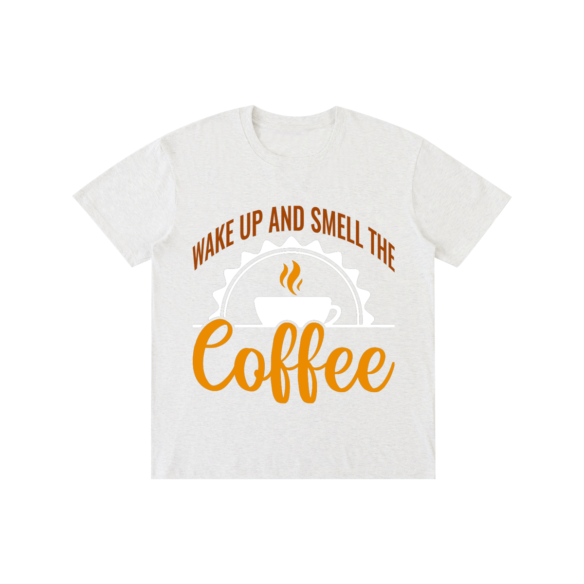 Flower Gray cotton crewneck t-shirt with a rust brown Wake up and smell the coffee design with a white coffee cup and orange cursive Coffee on the front