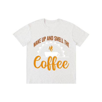 Flower Gray cotton crewneck t-shirt with a rust brown Wake up and smell the coffee design with a white coffee cup and orange cursive Coffee on the front