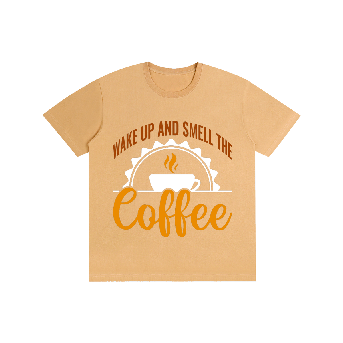 Khaki cotton crewneck t-shirt with a rust brown Wake up and smell the coffee design with a white coffee cup and orange cursive Coffee on the front