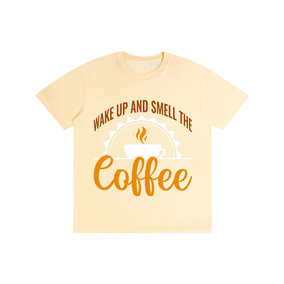 Light Apricot cotton crewneck t-shirt with a rust brown Wake up and smell the coffee design with a white coffee cup and orange cursive Coffee on the front