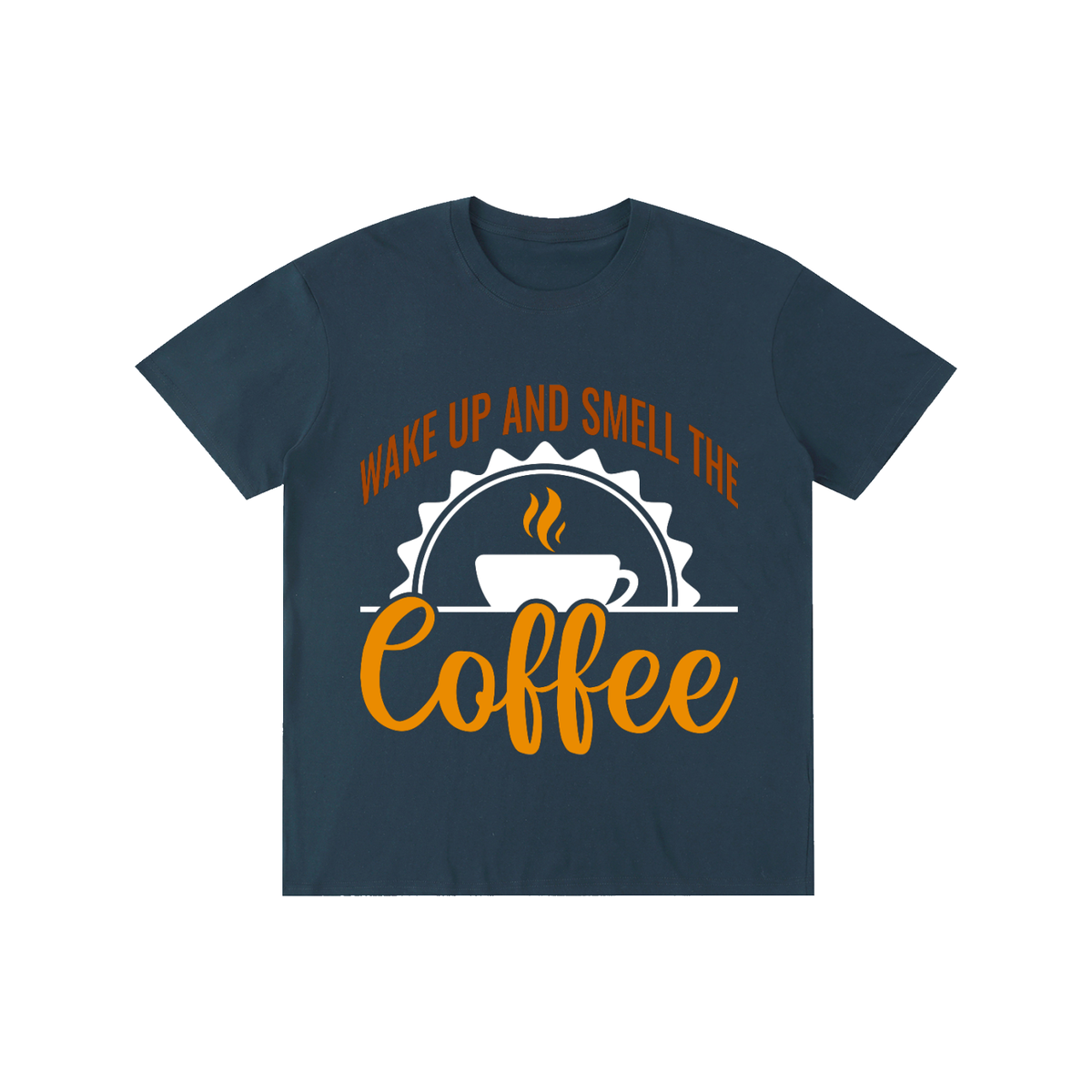 Navy Blue cotton crewneck t-shirt with a rust brown Wake up and smell the coffee design with a white coffee cup and orange cursive Coffee on the front
