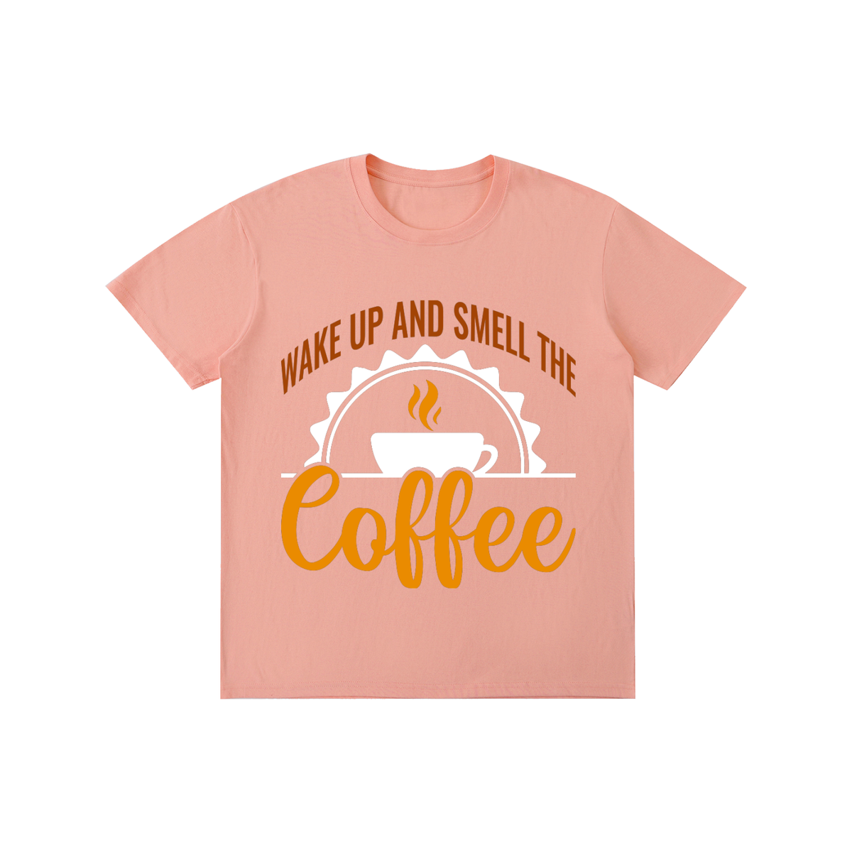 Pink cotton crewneck t-shirt with a rust brown Wake up and smell the coffee design with a white coffee cup and orange cursive Coffee on the front