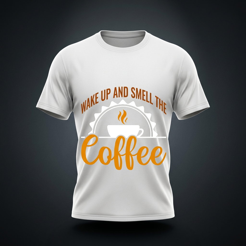 White cotton crewneck t-shirt with a rust brown Wake up and smell the coffee design with a white coffee cup and orange cursive Coffee on the front shown against a dark studio backdrop