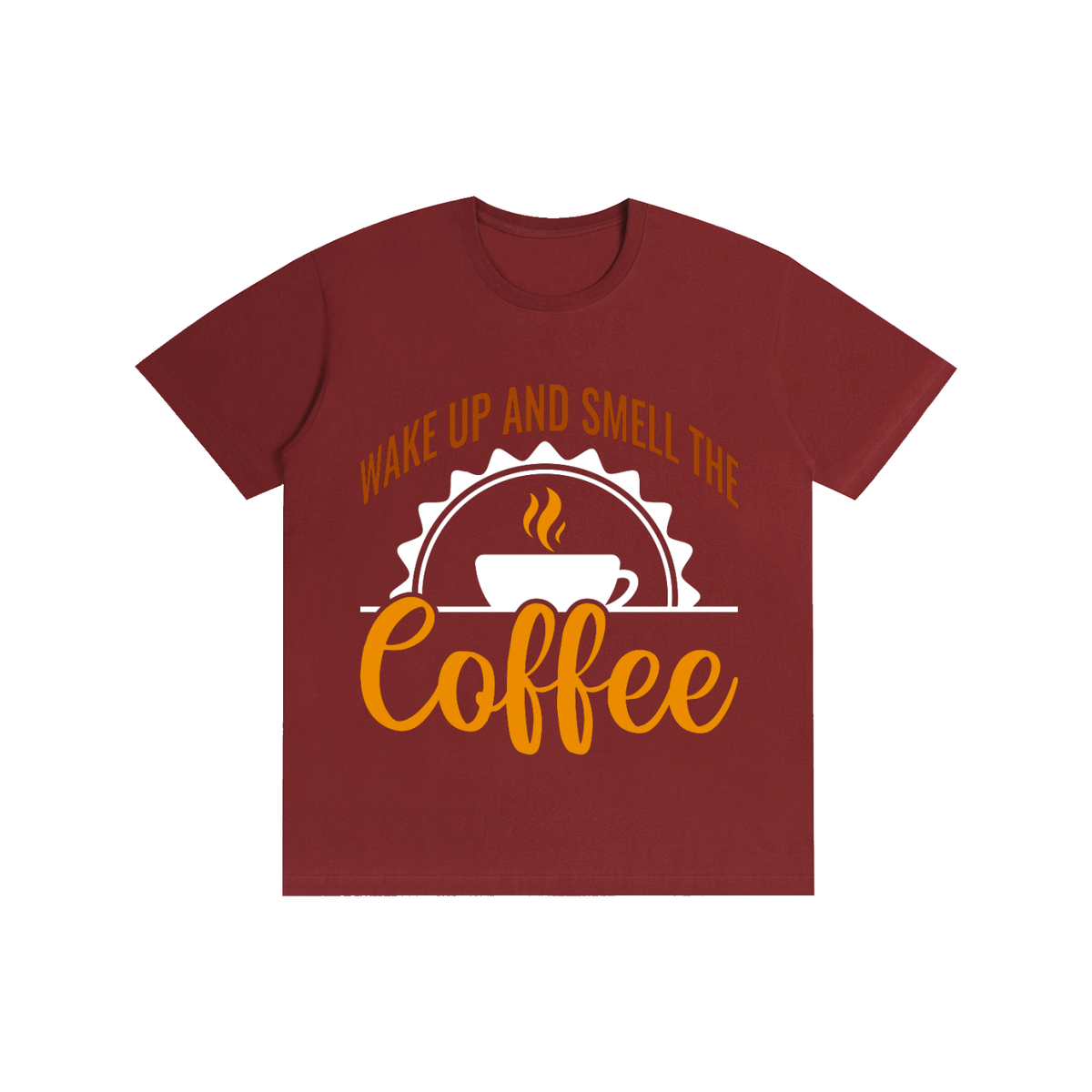 Wine Red cotton crewneck t-shirt with a rust brown Wake up and smell the coffee design with a white coffee cup and orange cursive Coffee on the front
