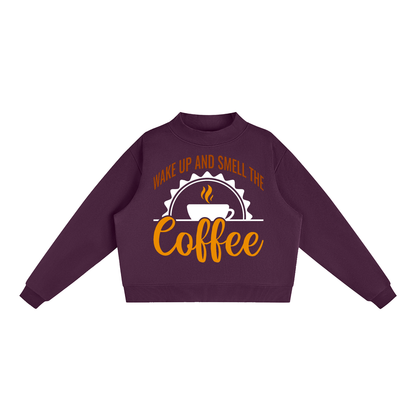Dark Purple oversized fleece mock neck sweatshirt with a rust brown Wake up and smell the coffee design with a white coffee cup and orange cursive Coffee on the front
